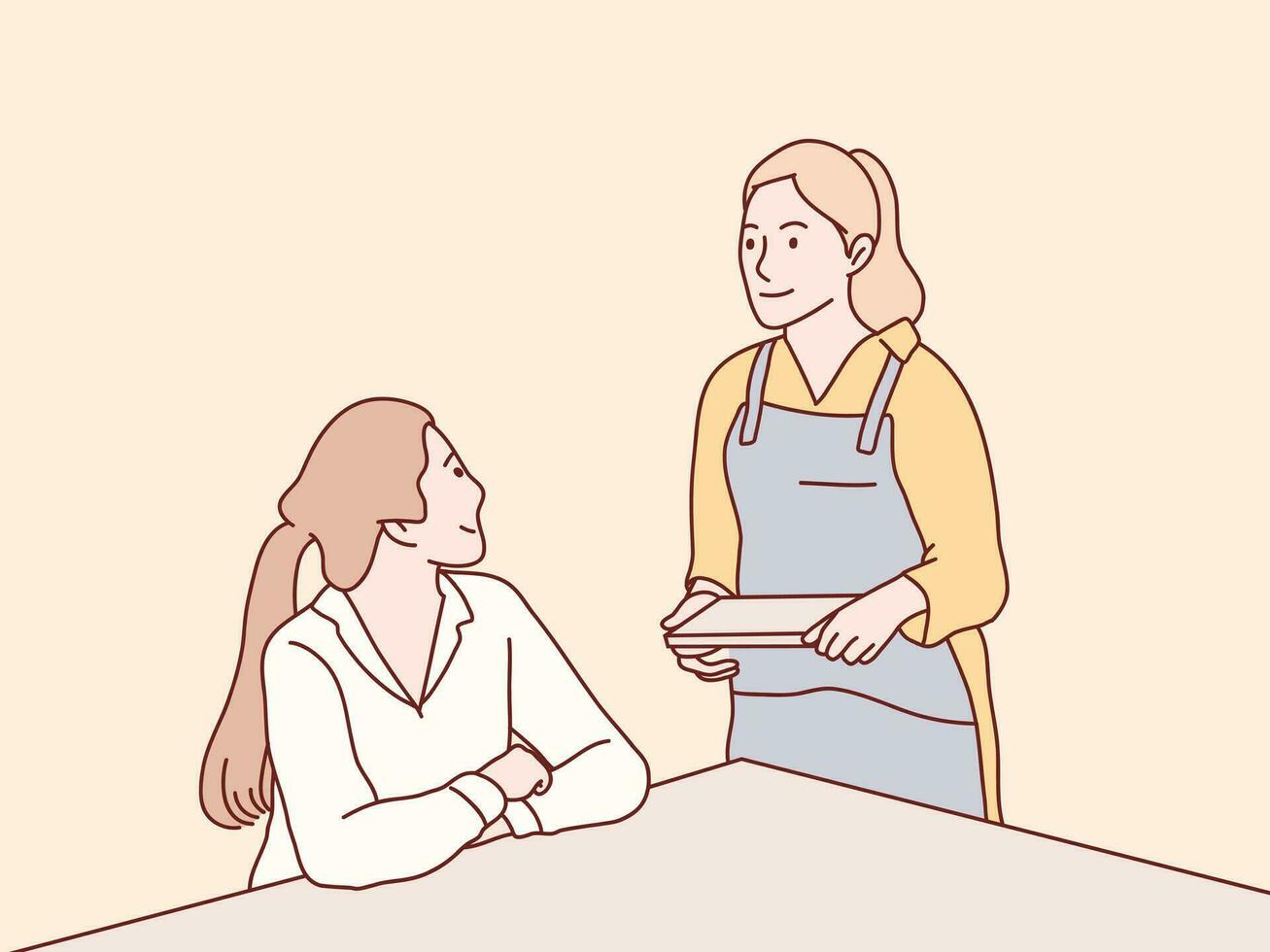 Female waitress taking order to customer in the cafe simple korean style illustration vector