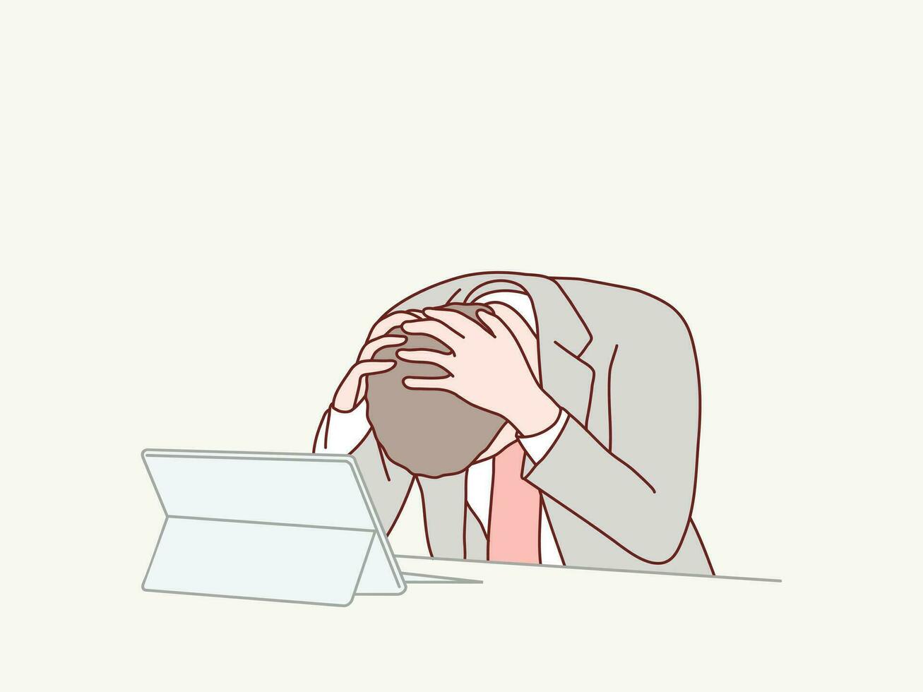 empresario cansado o estresado confuso en frente de tableta sencillo coreano estilo ilustración vector