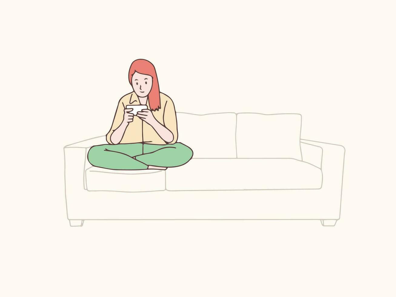 mujer relajante con teléfono inteligente en sofá sencillo coreano estilo ilustración vector