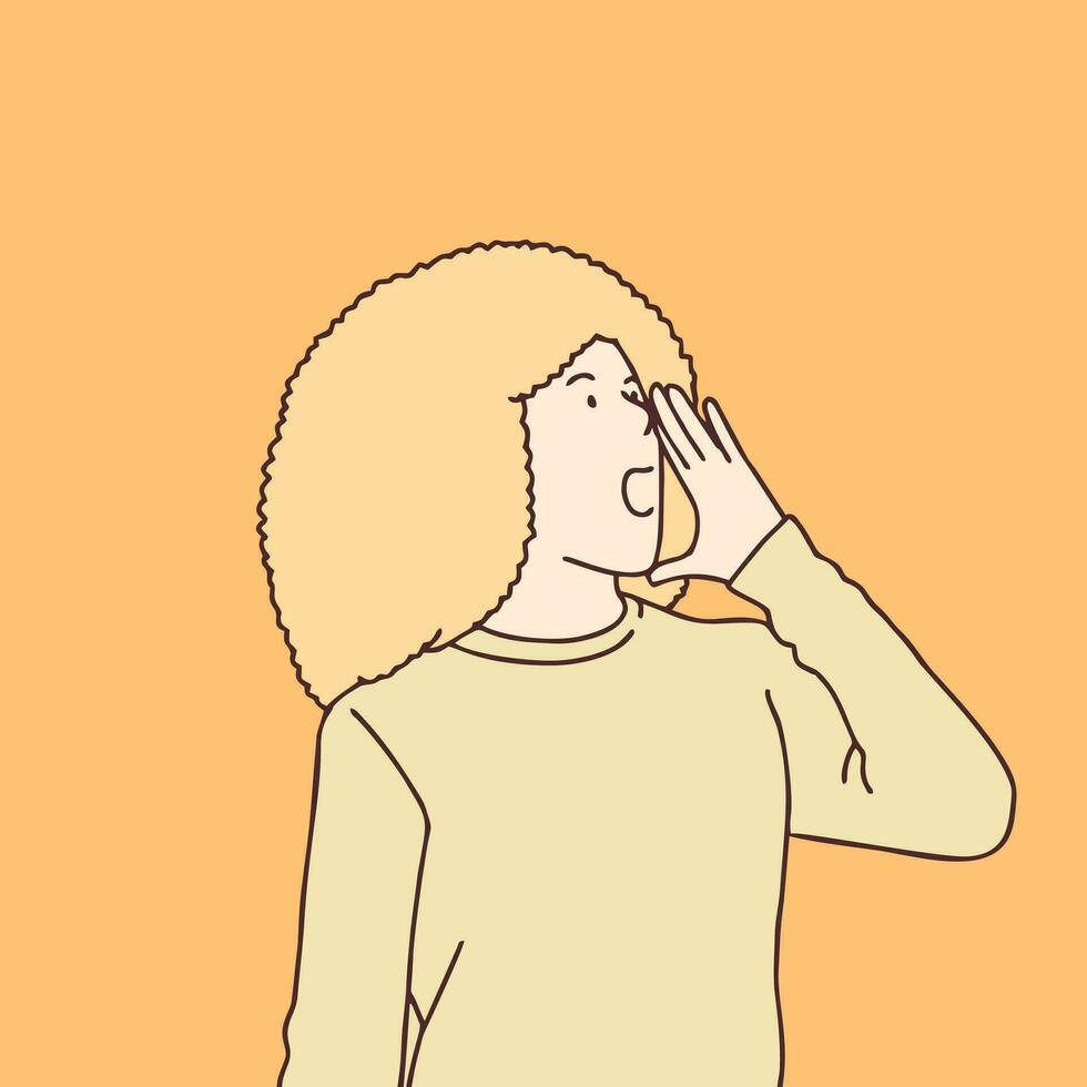 Curly young woman shouting and screaming loud to side with hand on mouth simple korean style illustration vector
