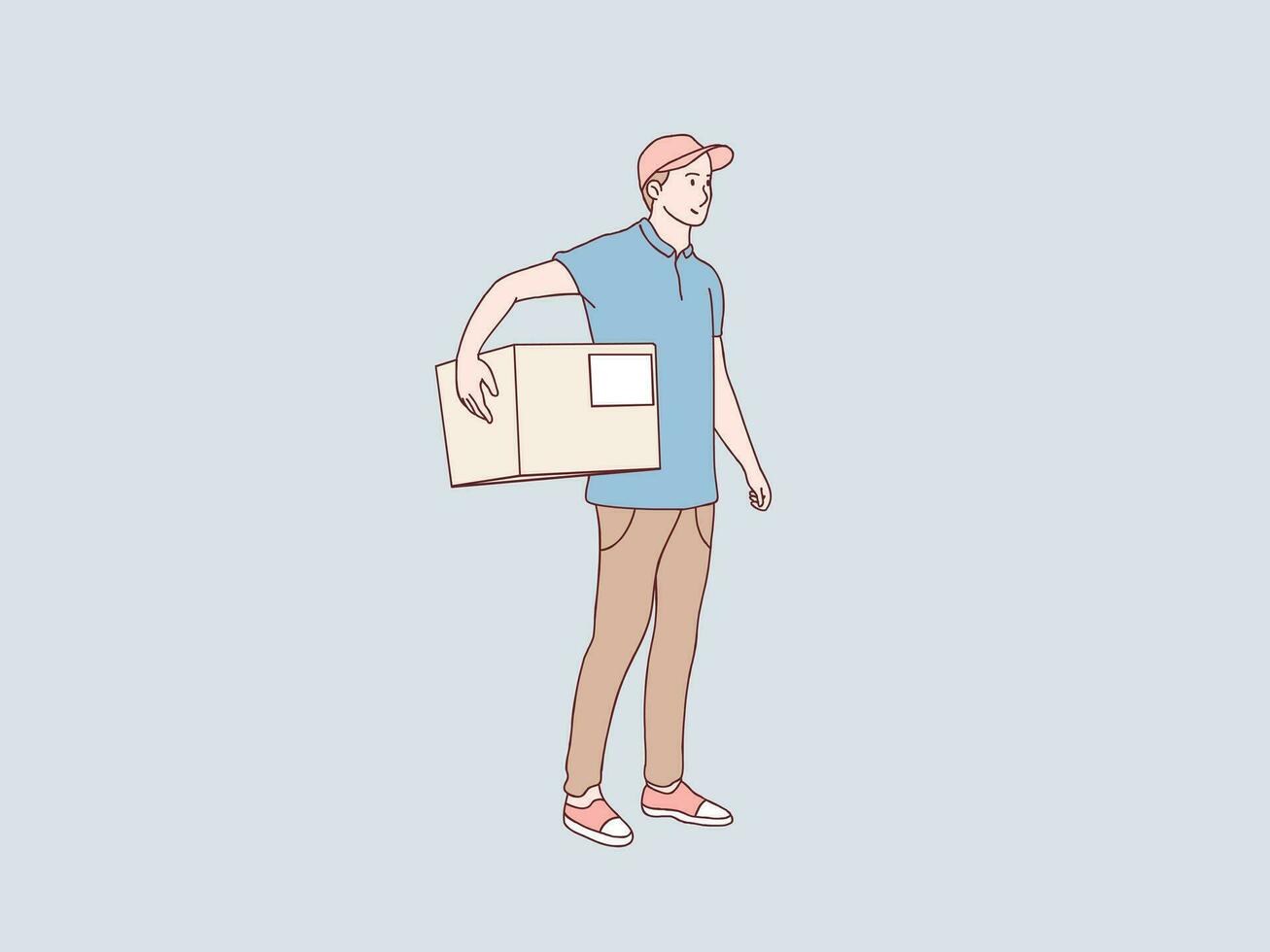 smiling delivery courier holding package parcel box shipping service simple korean style illustration vector