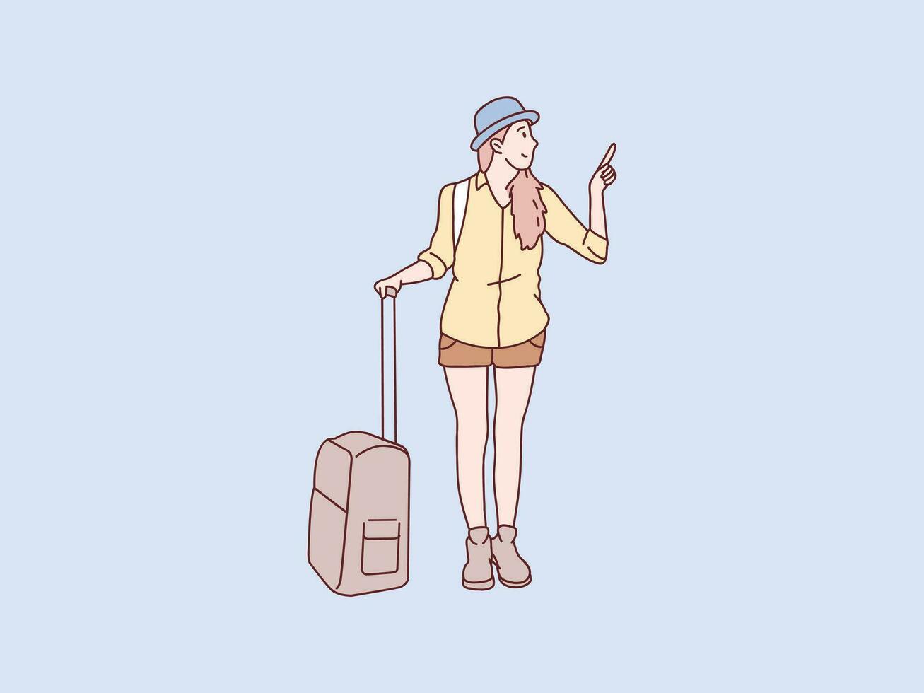 Happy vacation woman carry suitcase stand being ready to go holidays simple korean style illustration vector