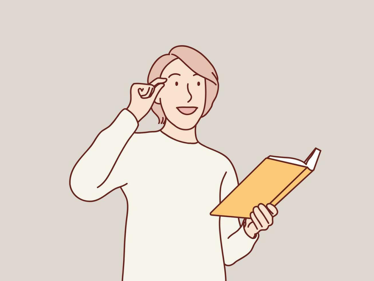 Portrait of young smiling interesting woman reading book simple korean style illustration vector