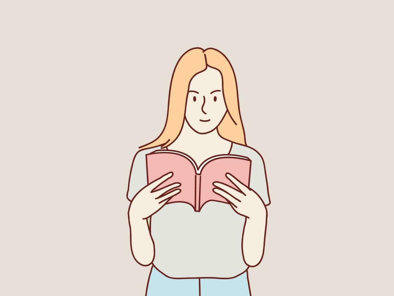 retrato de joven sonriente niña leyendo libro sencillo coreano estilo ilustración vector