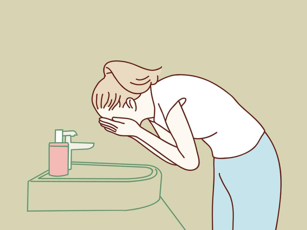 Woman washing her face with water over the bathroom sink simple korean style illustration vector