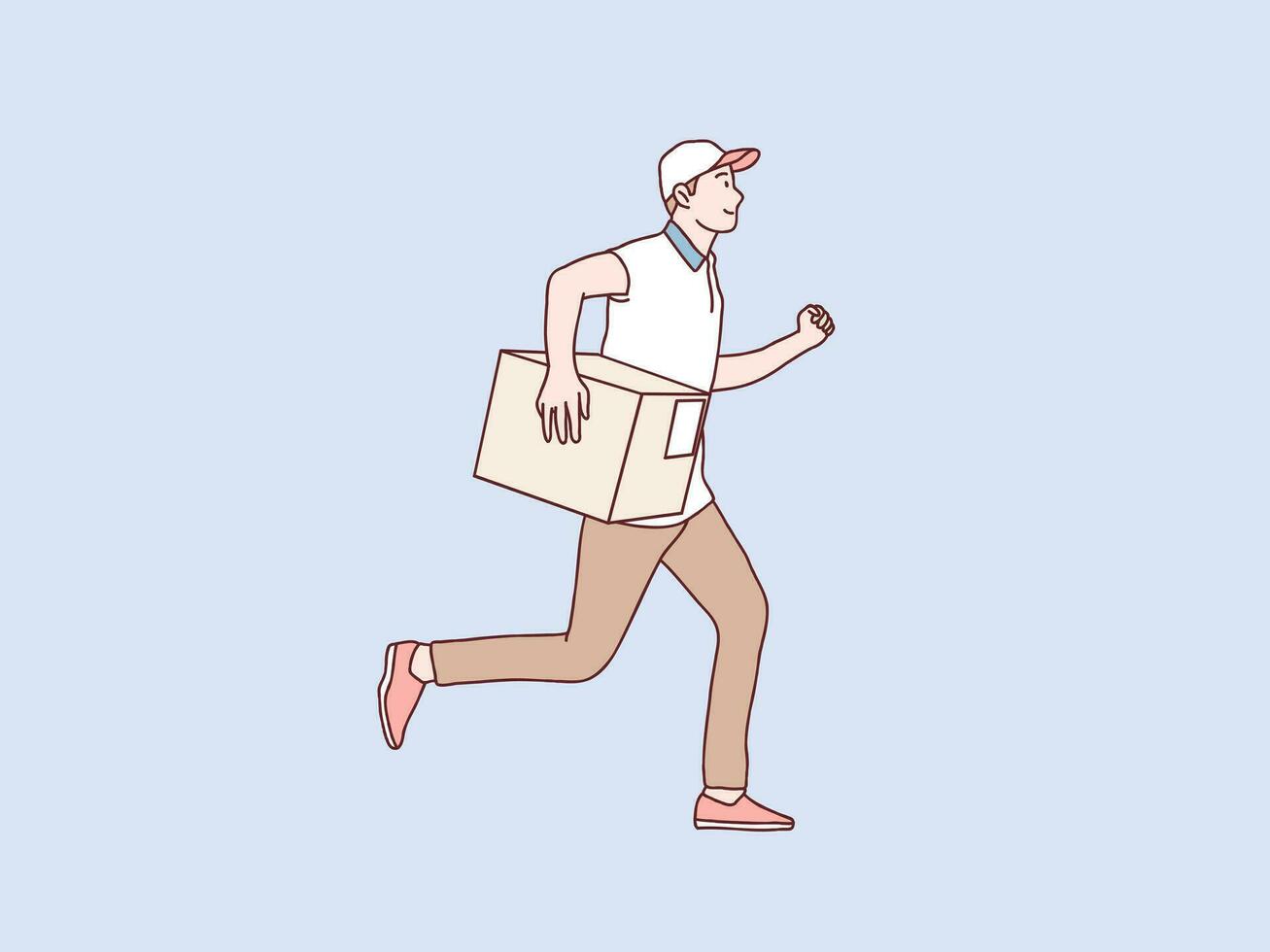 smiling delivery courier running holding package parcel box shipping service simple korean style illustration vector