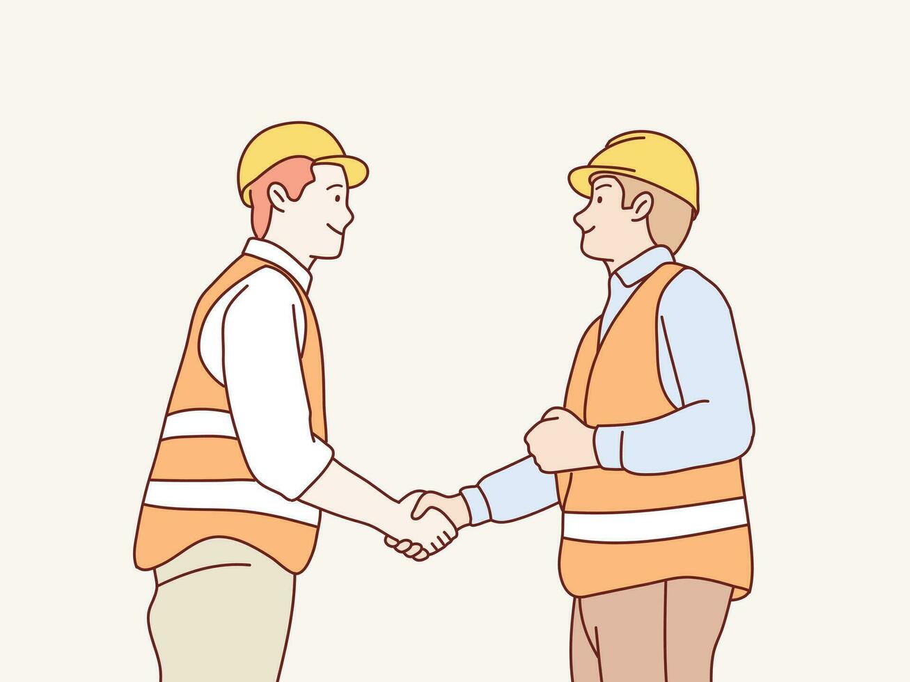 Construction man workers and businessman teamwork shake hands cooperate simple korean style illustration vector