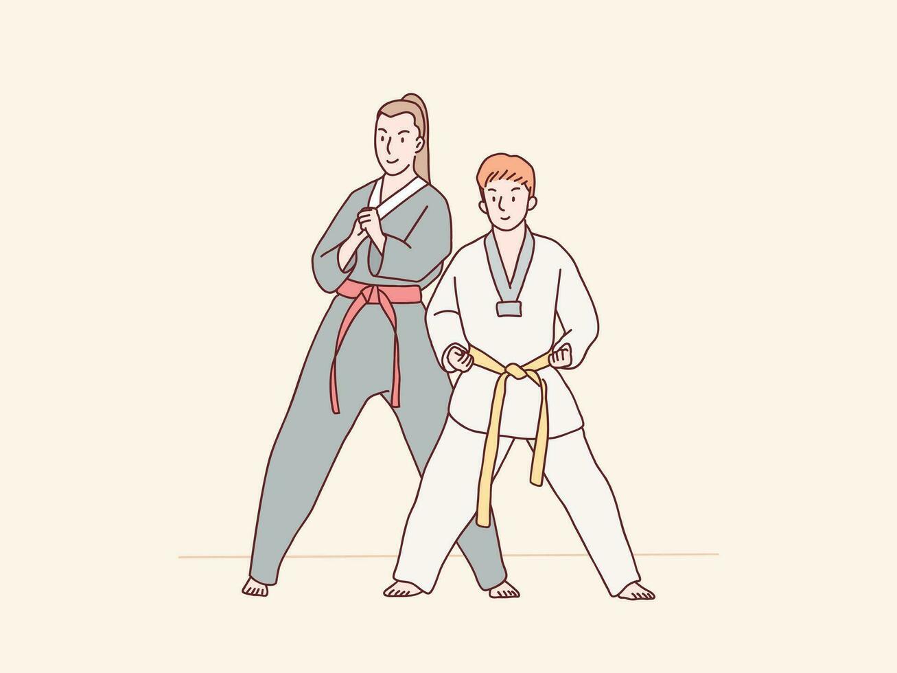 Girl and boy practice karate red belt stance ready to training simple korean style illustration vector