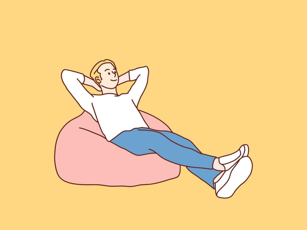 Relaxed joyfull young man lean on beanbag simple korean style illustration vector