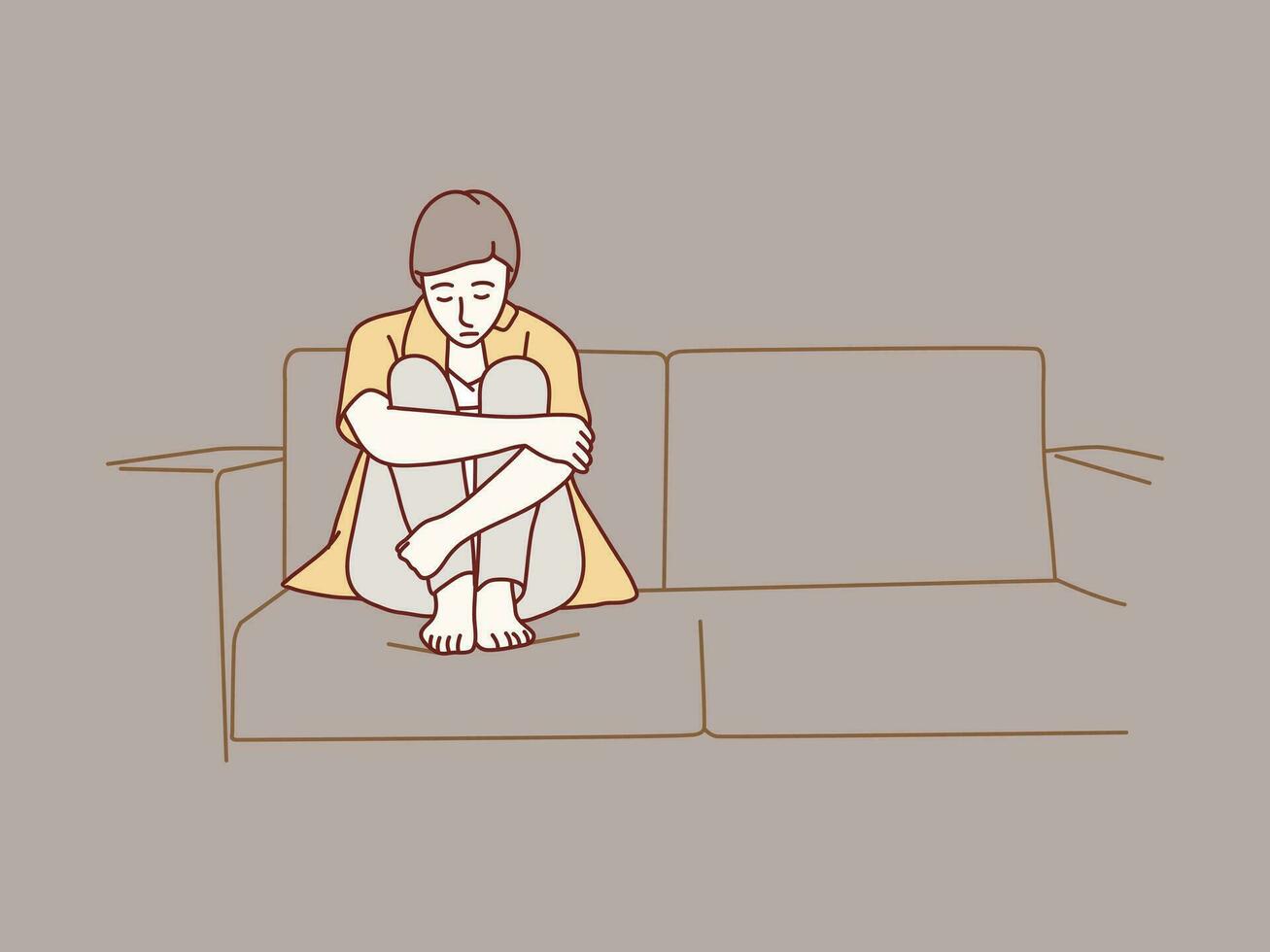 sad woman hugging her knees and crying on corner of sofa simple korean style illustration vector