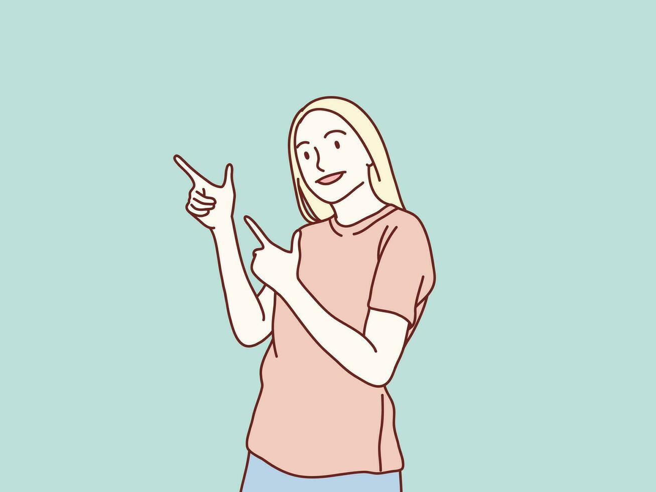 Young woman pointing to the side with his hands finger simple korean style illustration vector