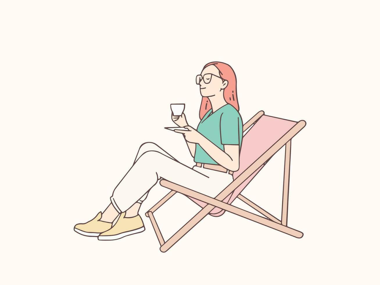 Woman enjoying a cup of tea sit relaxed chair simple korean style illustration vector