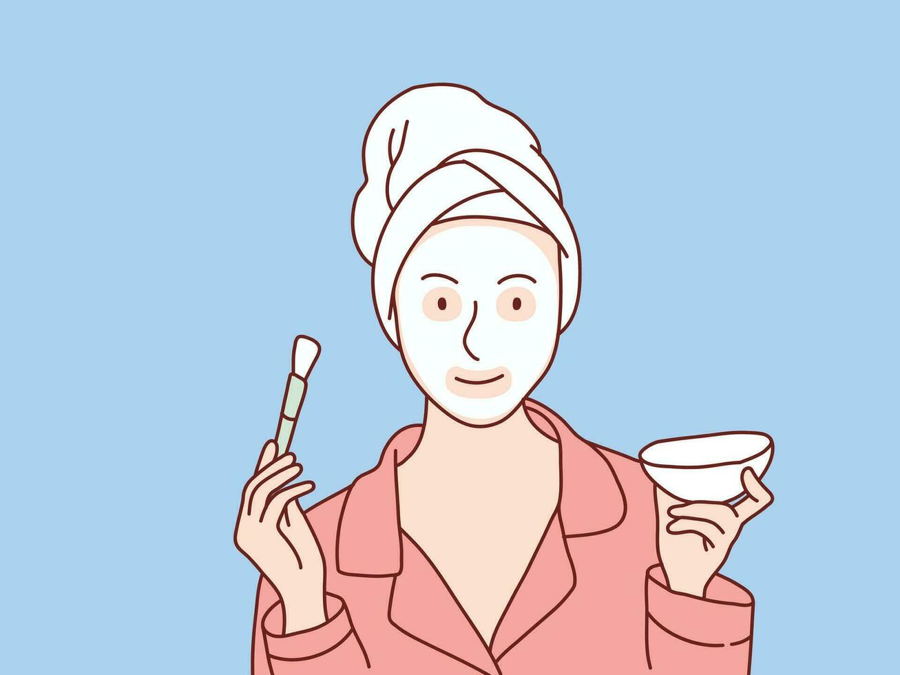 Woman beauty applying facial mask cream on face simple korean style illustration vector