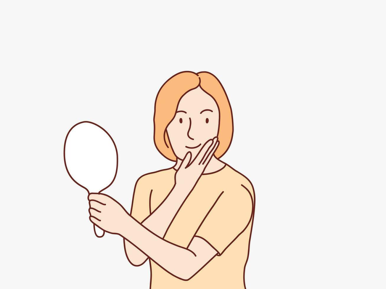 Woman holding mirror touch face for make up simple korean style illustration vector