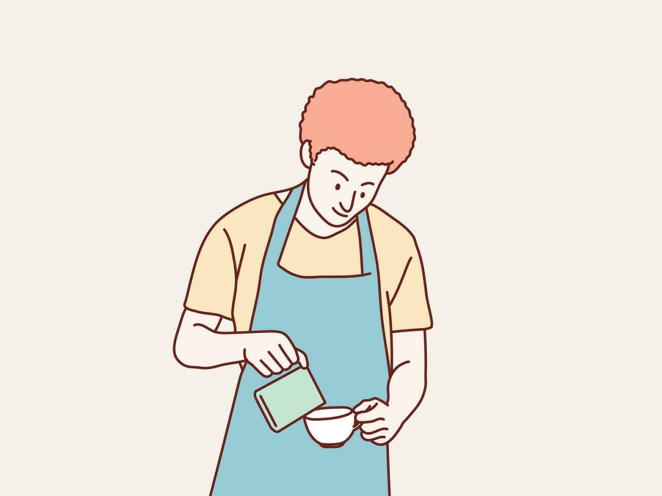 Smiling waiter man serving coffee pour milkin a coffee cup simple korean style illustration vector