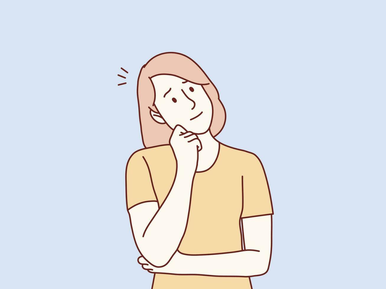 Woman thinking hand on chin curious and confused about something simple korean style illustration vector