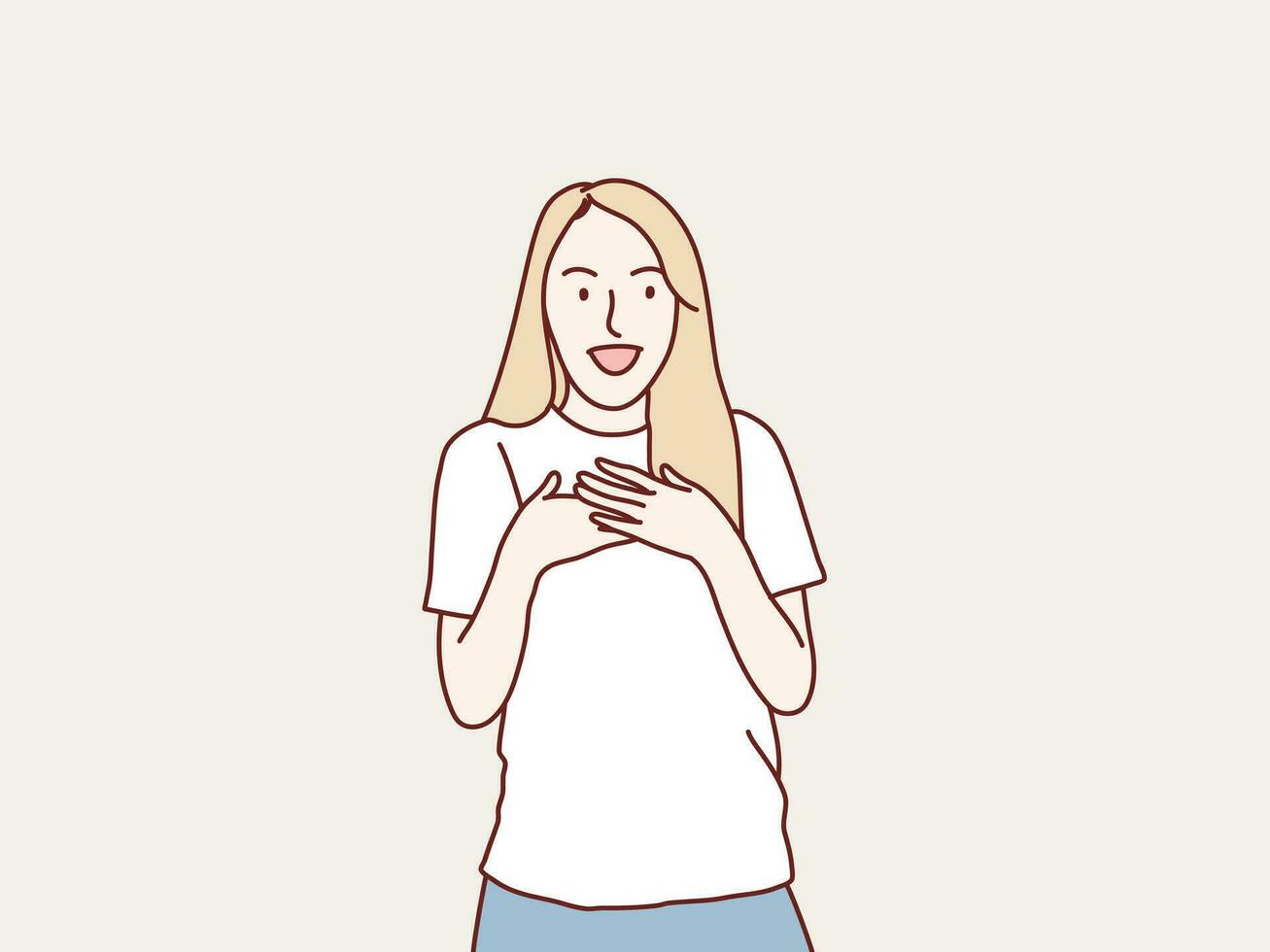 Young woman presses hand to heart feels touched admirable and grateful simple korean style illustration vector