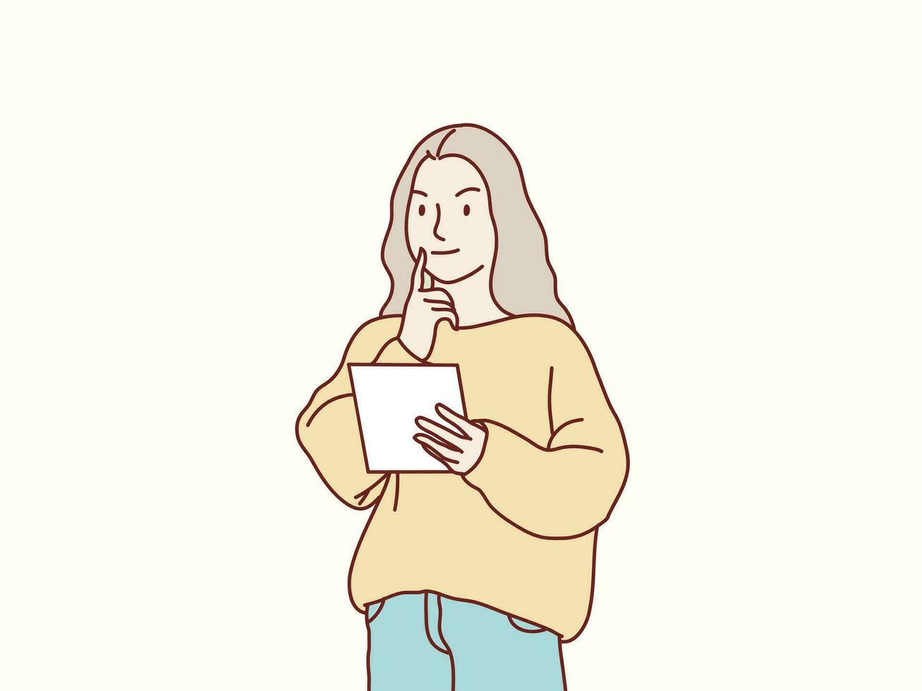 Young woman looking for ideas taking notes on paper standing simple korean style illustration vector