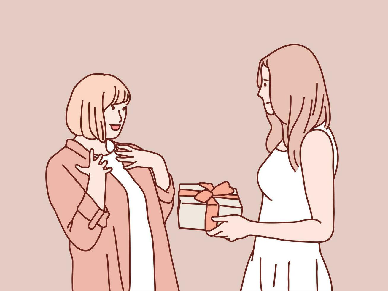Young smiling daughter mother together gifting birthday present simple korean style illustration vector