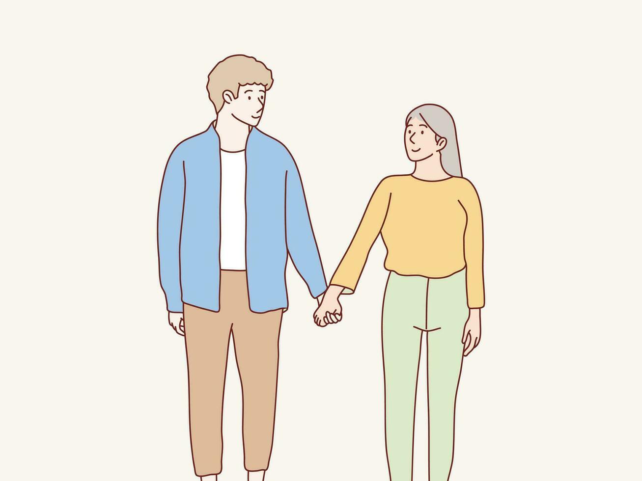 Couple smiling and looking at each other holding hands fall in love simple korean style illustration vector