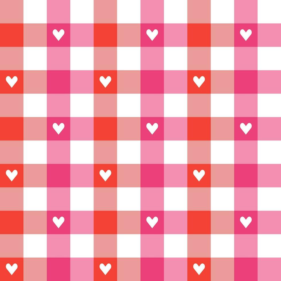 Pink and red plaid pattern with heart background. plaid pattern background. plaid background. Seamless pattern. for backdrop, decoration, gift wrapping, gingham tablecloth, blanket, tartan. vector