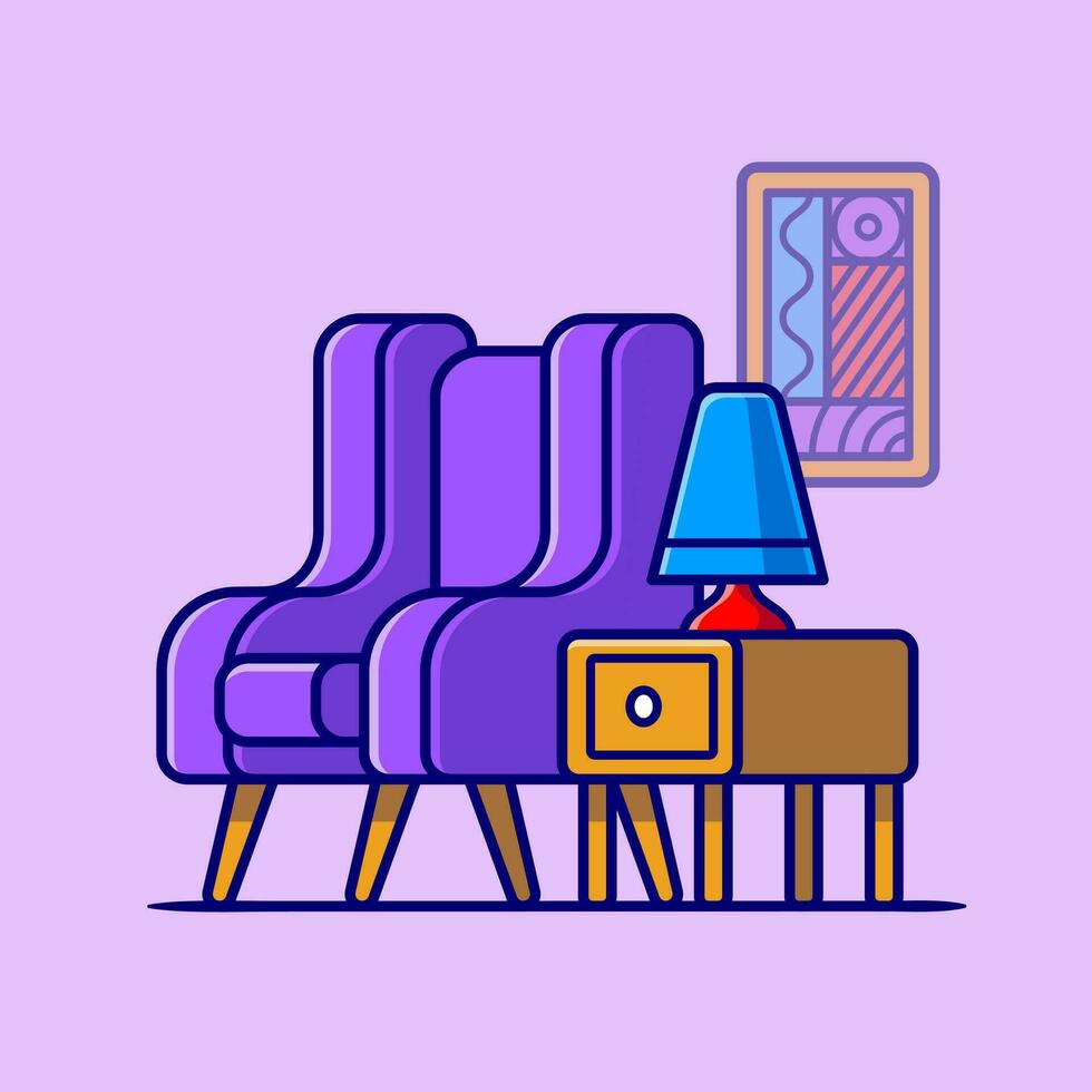 Sofa, Corner Table, And Lamp Cartoon Vector Icon Illustration. Interior Indoor Icon Concept Isolated Premium Vector. Flat Cartoon Style
