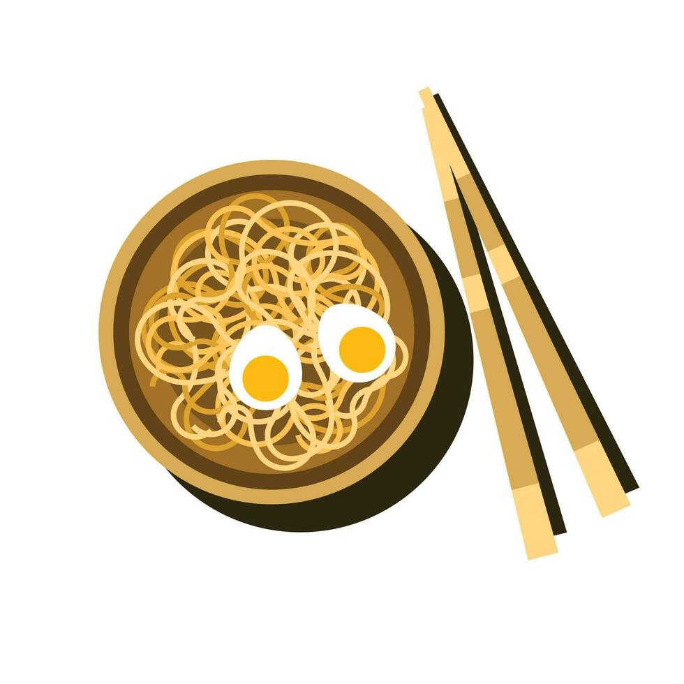 Noodles in a bowl with chopsticks, delicious chicken eggs, food vector