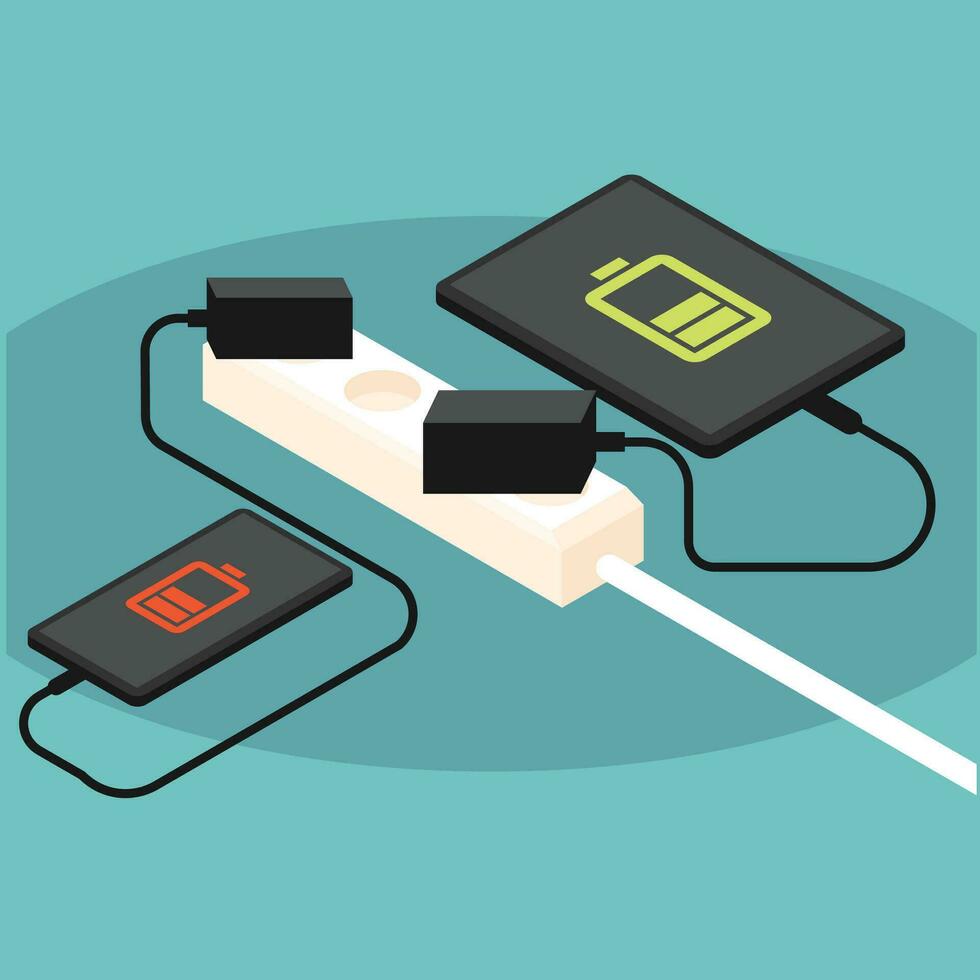 Two smartphones are charging their batteries. The amount of energy is not the same. vector