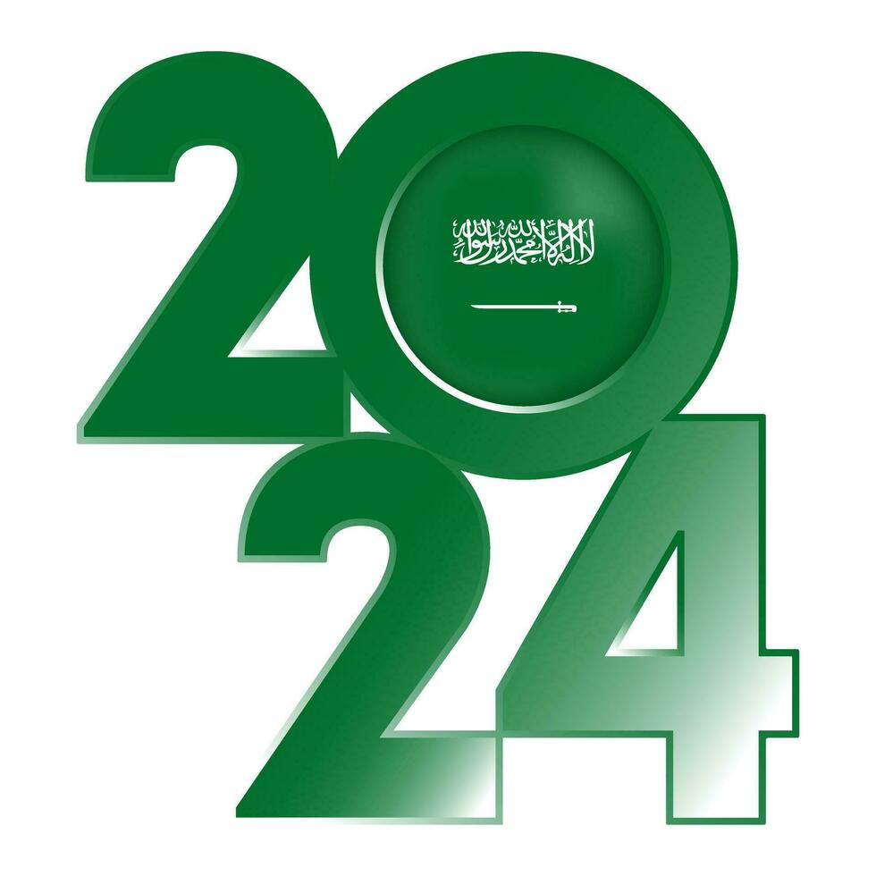 Happy New Year 2024 banner with Saudi Arabia flag inside. Vector illustration.