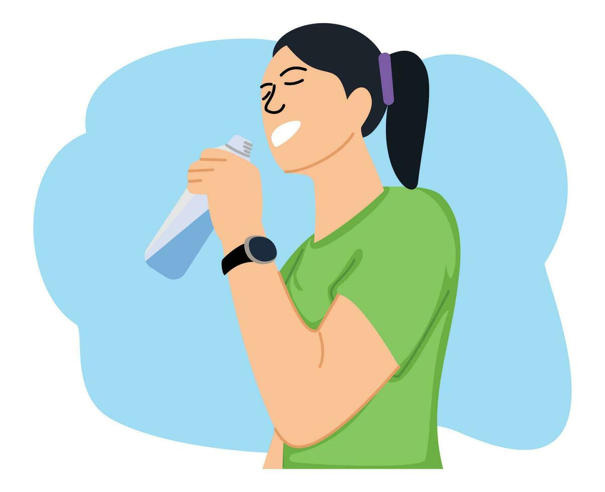 joven mujer Bebiendo agua utilizando un botella vector