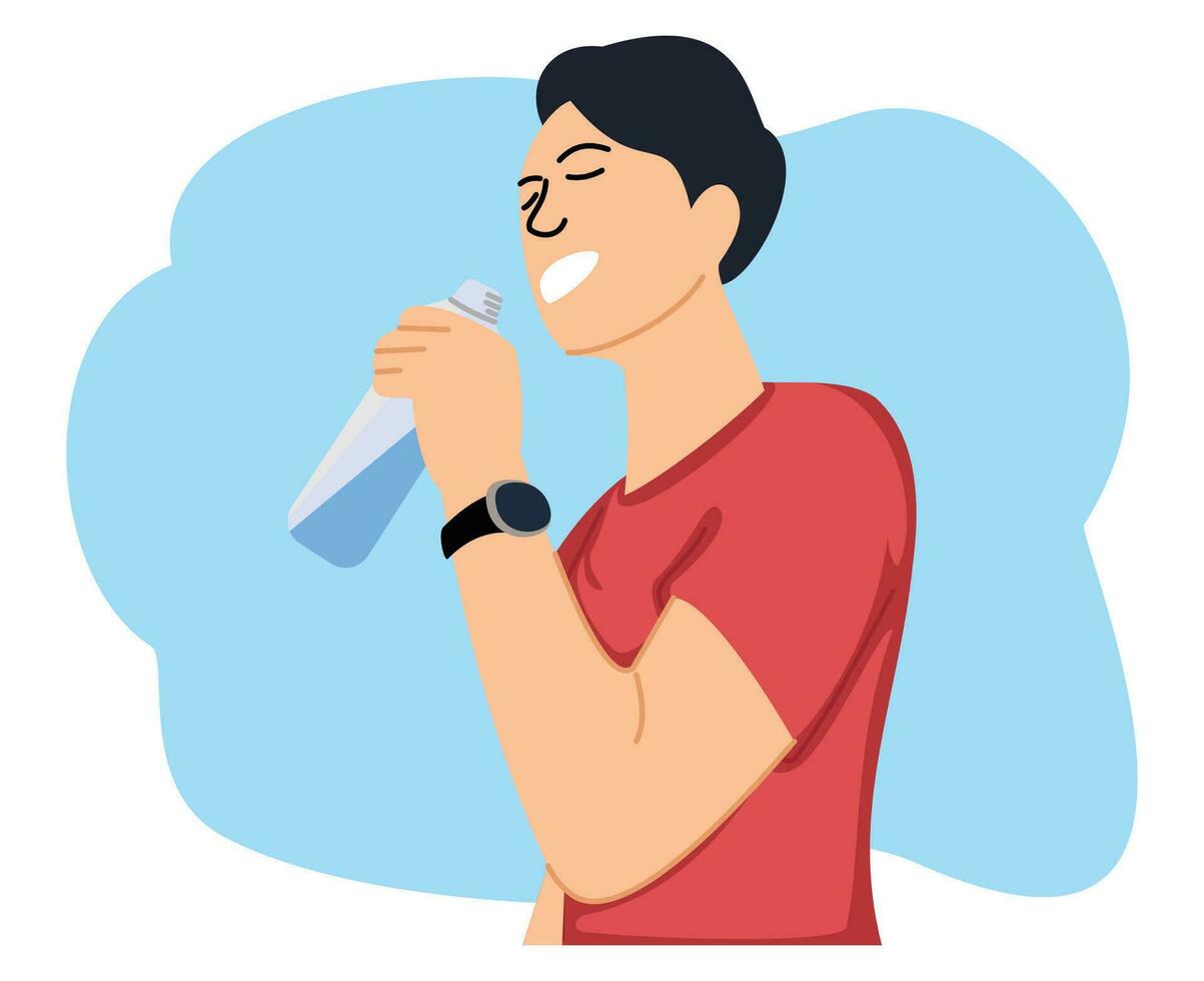 young man drinking water using a bottle vector