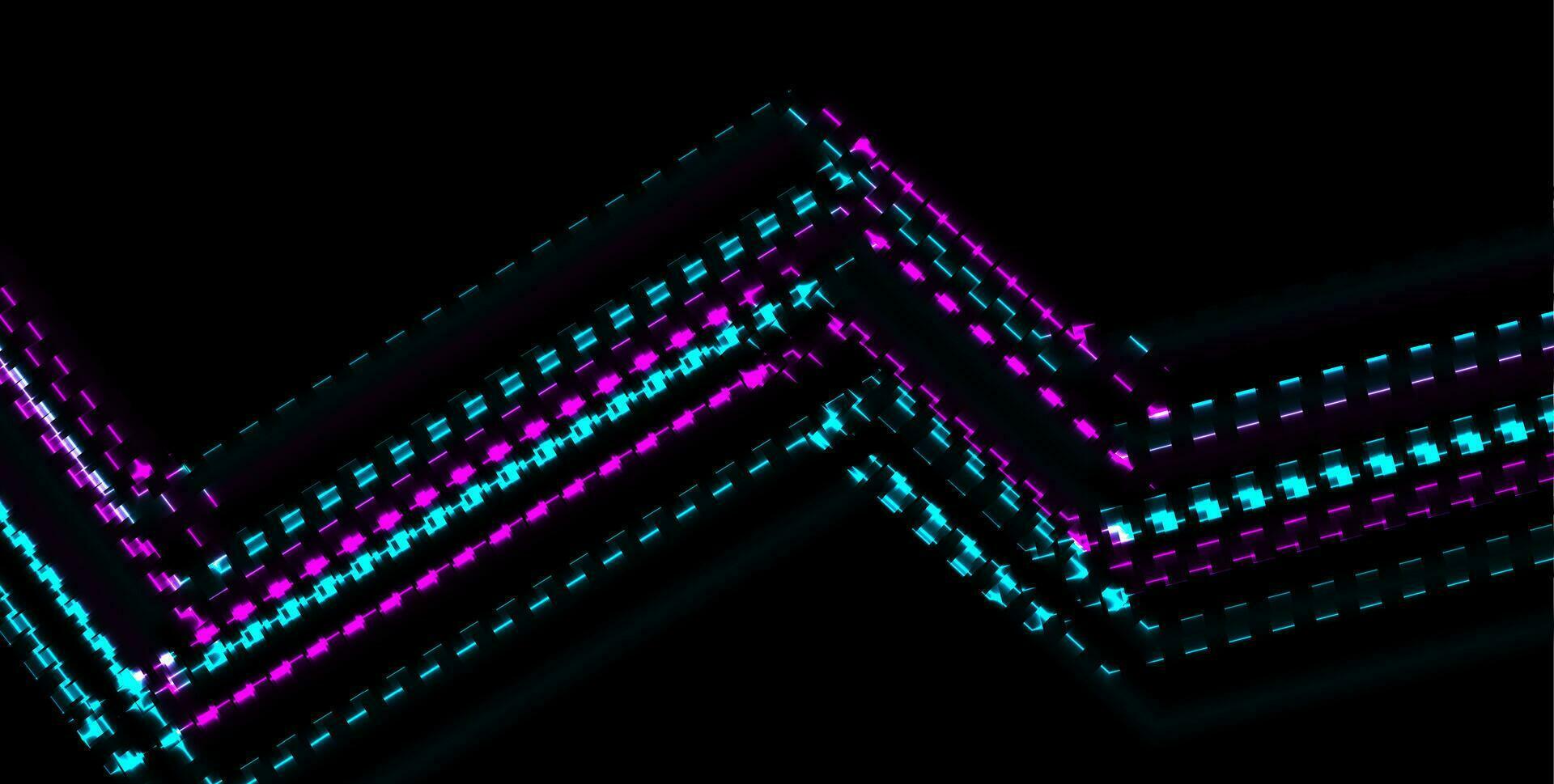 Abstract tech glowing neon lines vector background with glitch effect