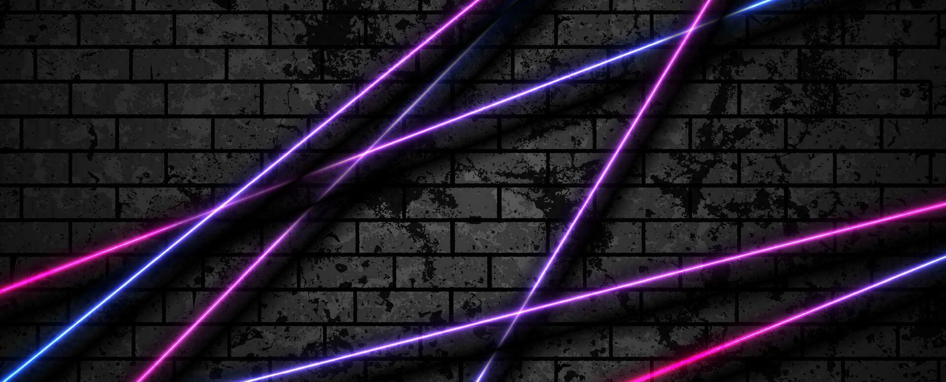 Blue purple neon lines on grunge brick wall background vector