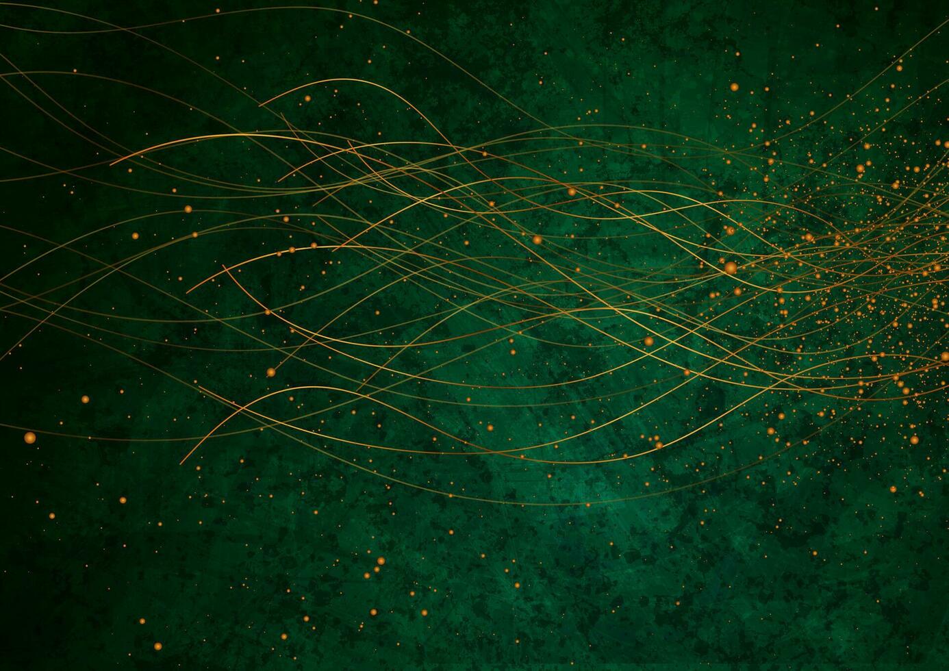 Golden minimal lines and dots on dark green grunge abstract background vector