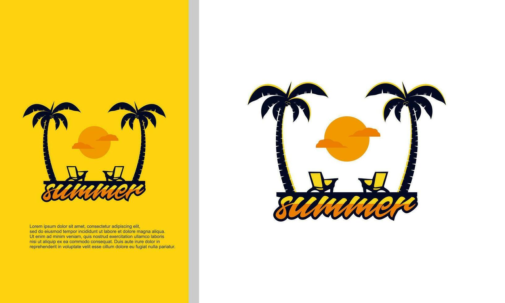 Tropical paradise emblem with palm trees and sunset, vector logo template, isolated on white background, copy space.