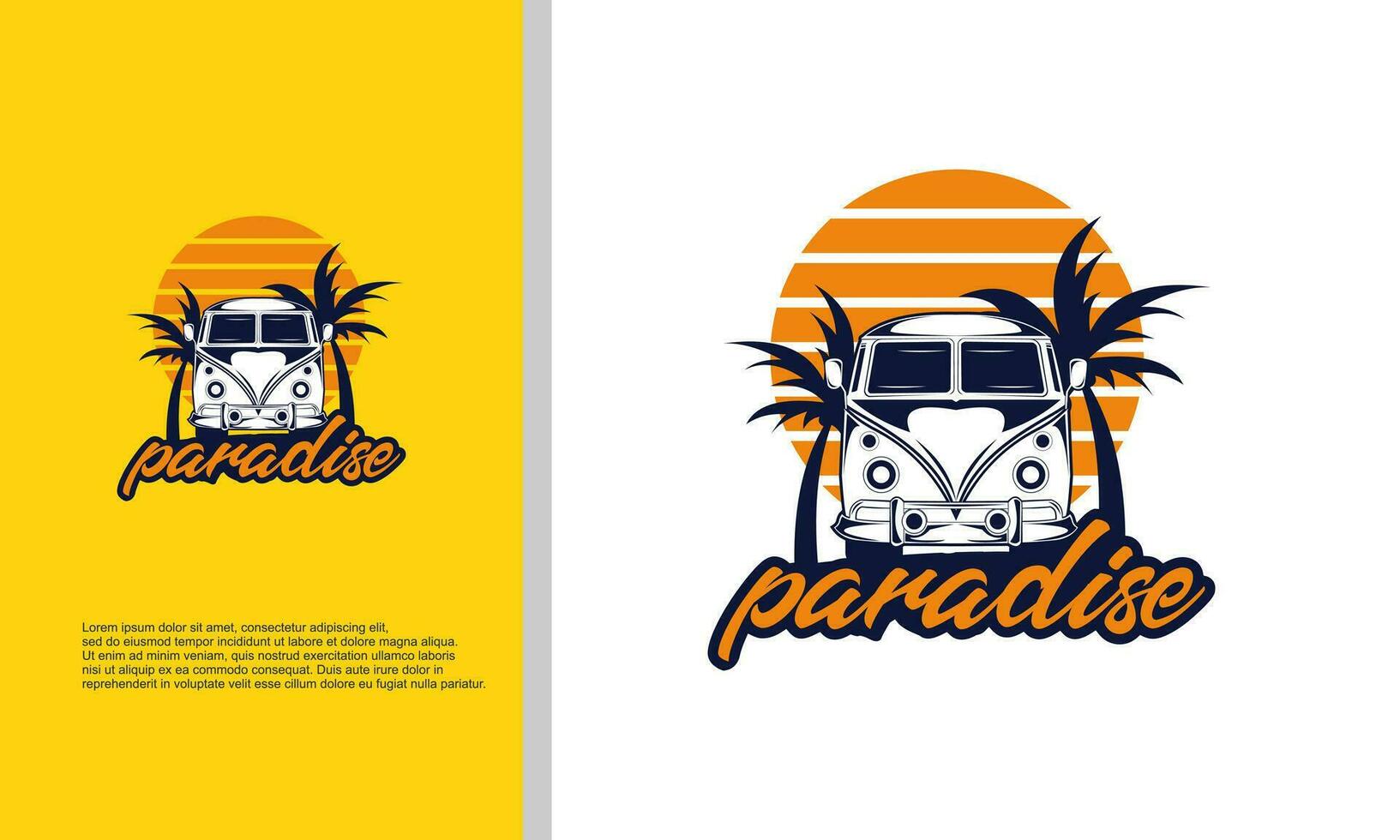 Tropical paradise emblem with palm trees and sunset, vector logo template, isolated on white background, copy space.