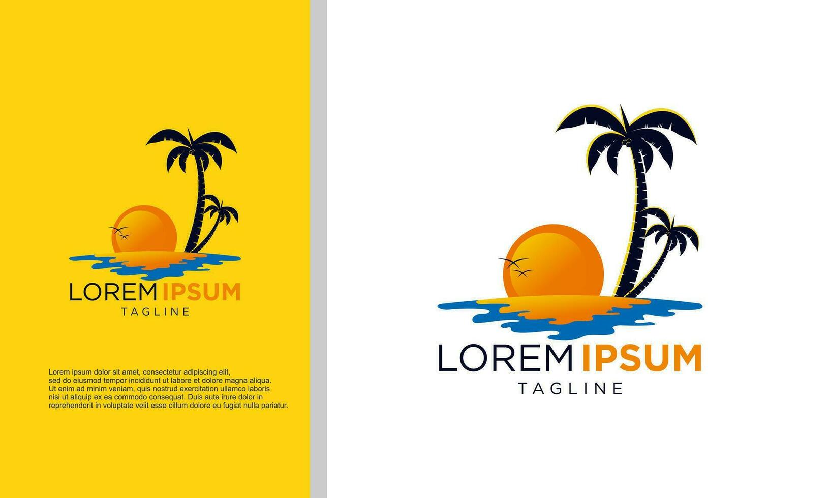 Tropical paradise emblem with palm trees and sunset, vector logo template, isolated on white background, copy space.