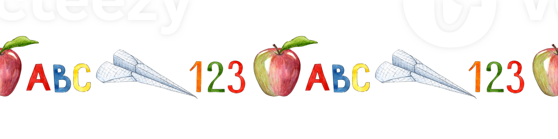 Watercolor horizontal seamless pattern school supplies numbers 123, letters ABC, rose apple, paper airplane. Back to school. Isolated, hand drawn png