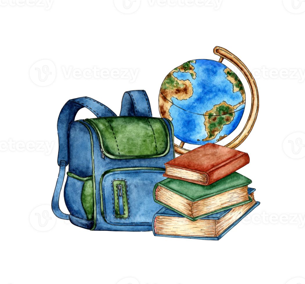 Watercolor illustration blue backpack, globe and books for students, schoolchildren, educational equipment. Back to school. Education concept isolated png