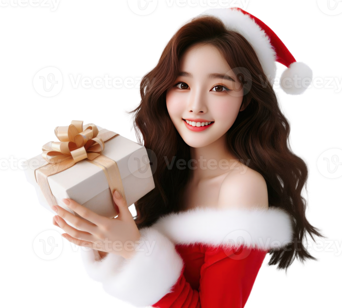 AI Generative beautiful woman wearing a Santa costume holding a gift box and smiling png