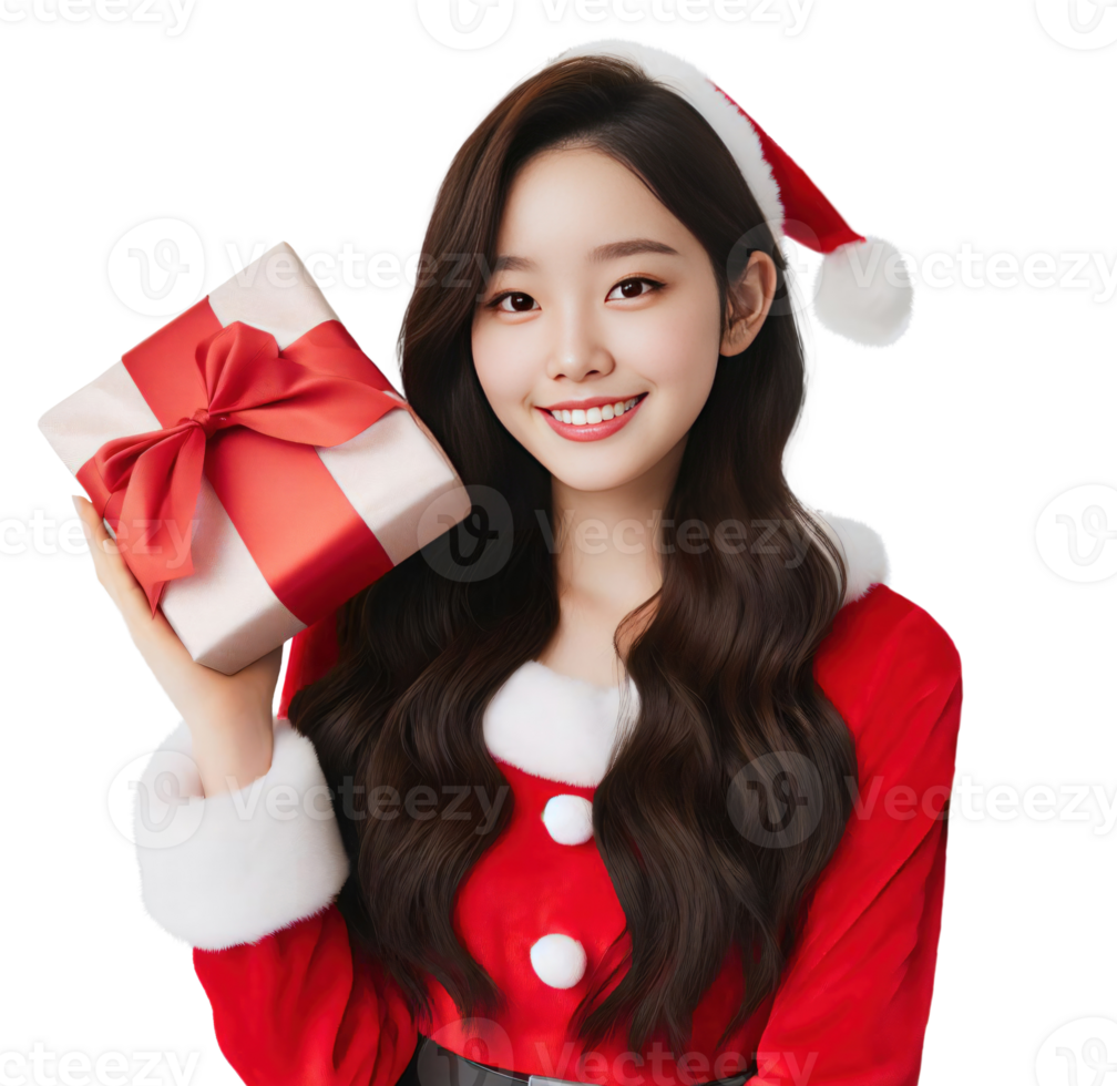 AI Generative beautiful woman wearing a Santa costume holding a gift box and smiling png