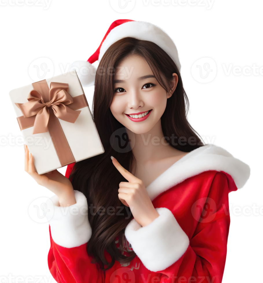 AI Generative beautiful woman wearing a Santa costume holding a gift box and smiling png