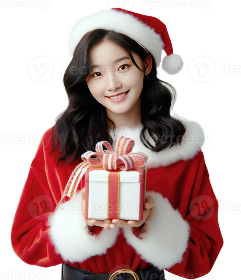 AI Generative beautiful woman wearing a Santa costume holding a gift box and smiling png