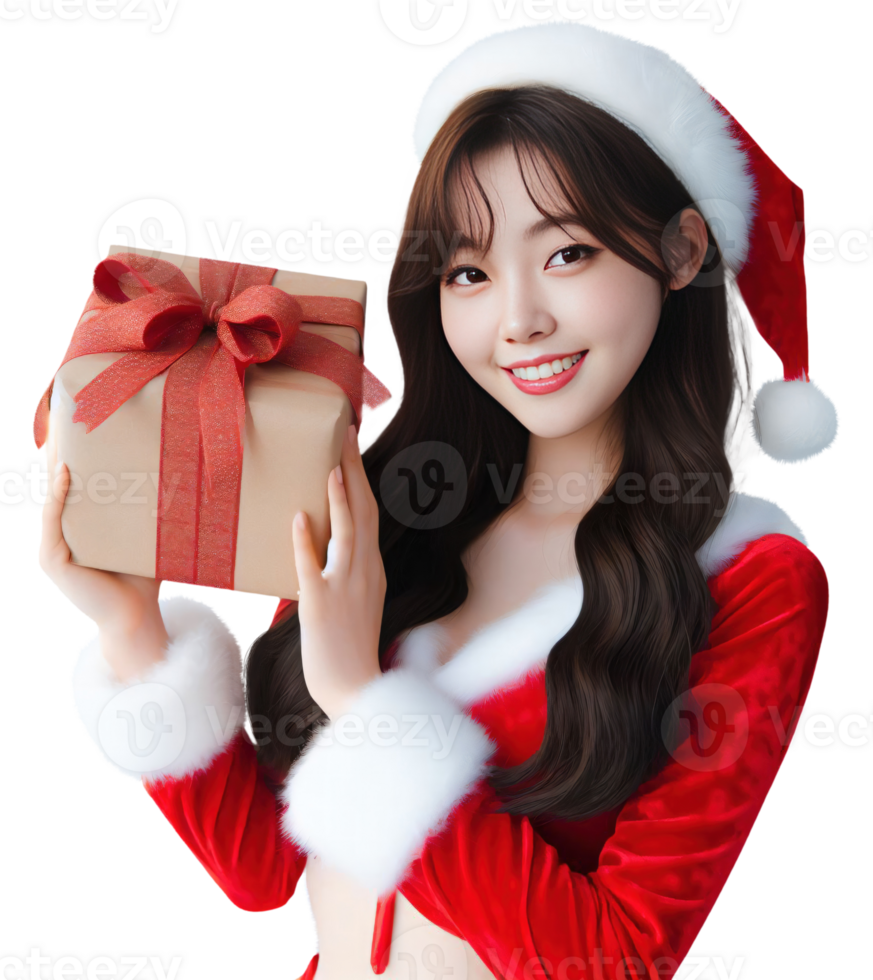 AI Generative beautiful woman wearing a Santa costume holding a gift box and smiling png