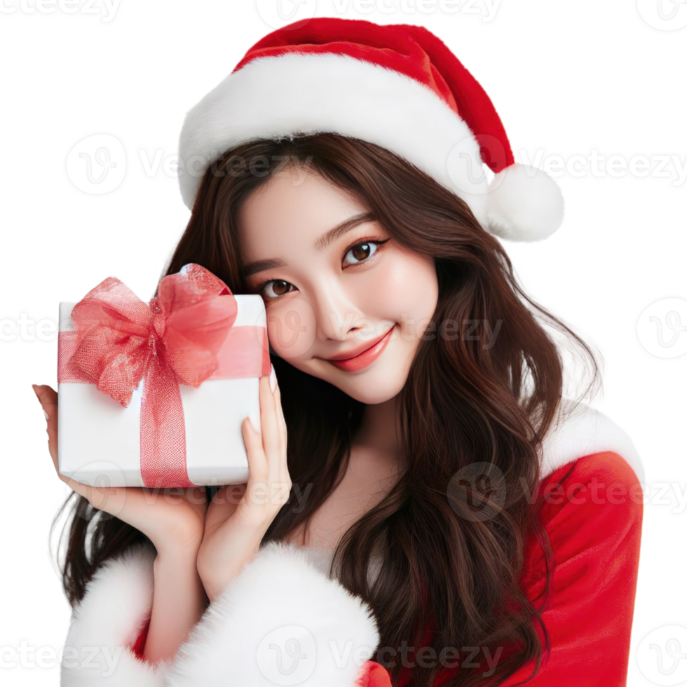 AI Generative beautiful woman wearing a Santa costume holding a gift box and smiling png