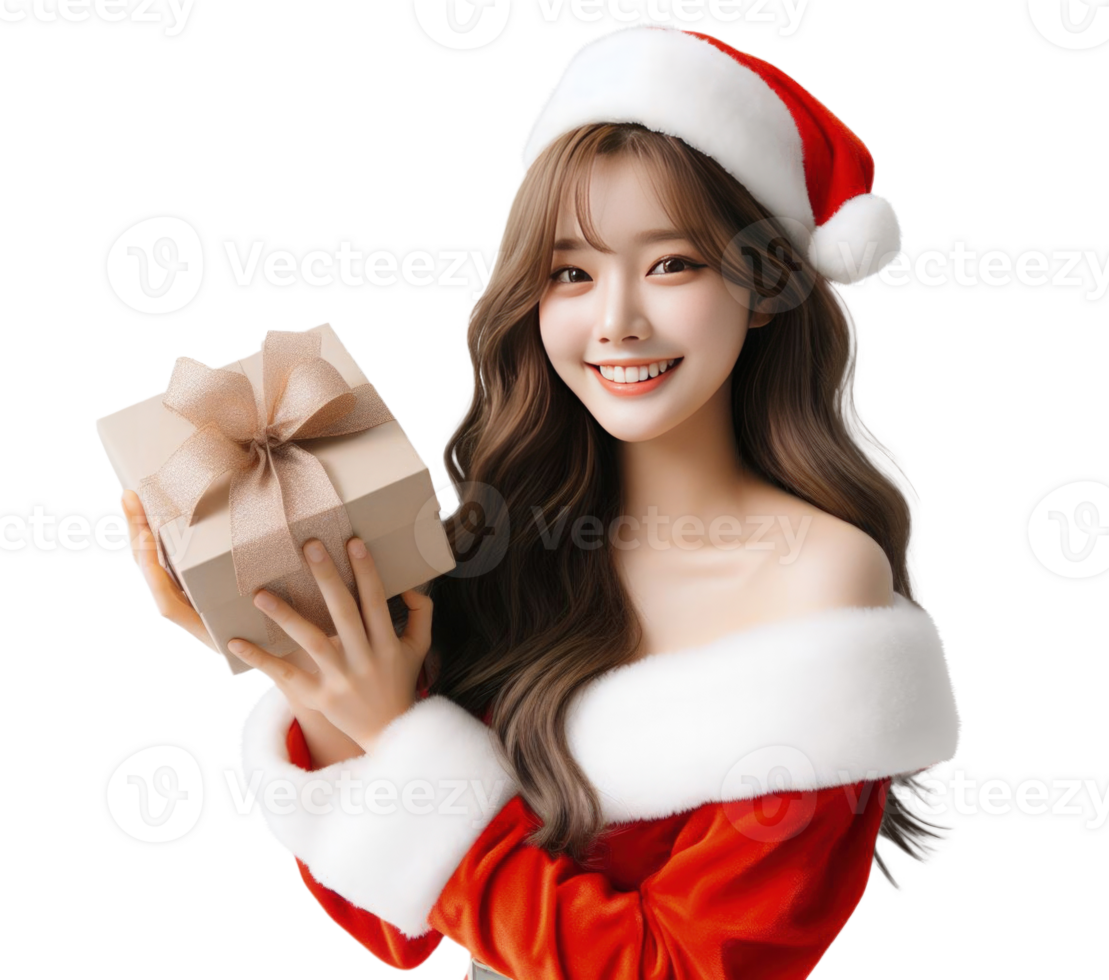 AI Generative beautiful woman wearing a Santa costume holding a gift box and smiling png