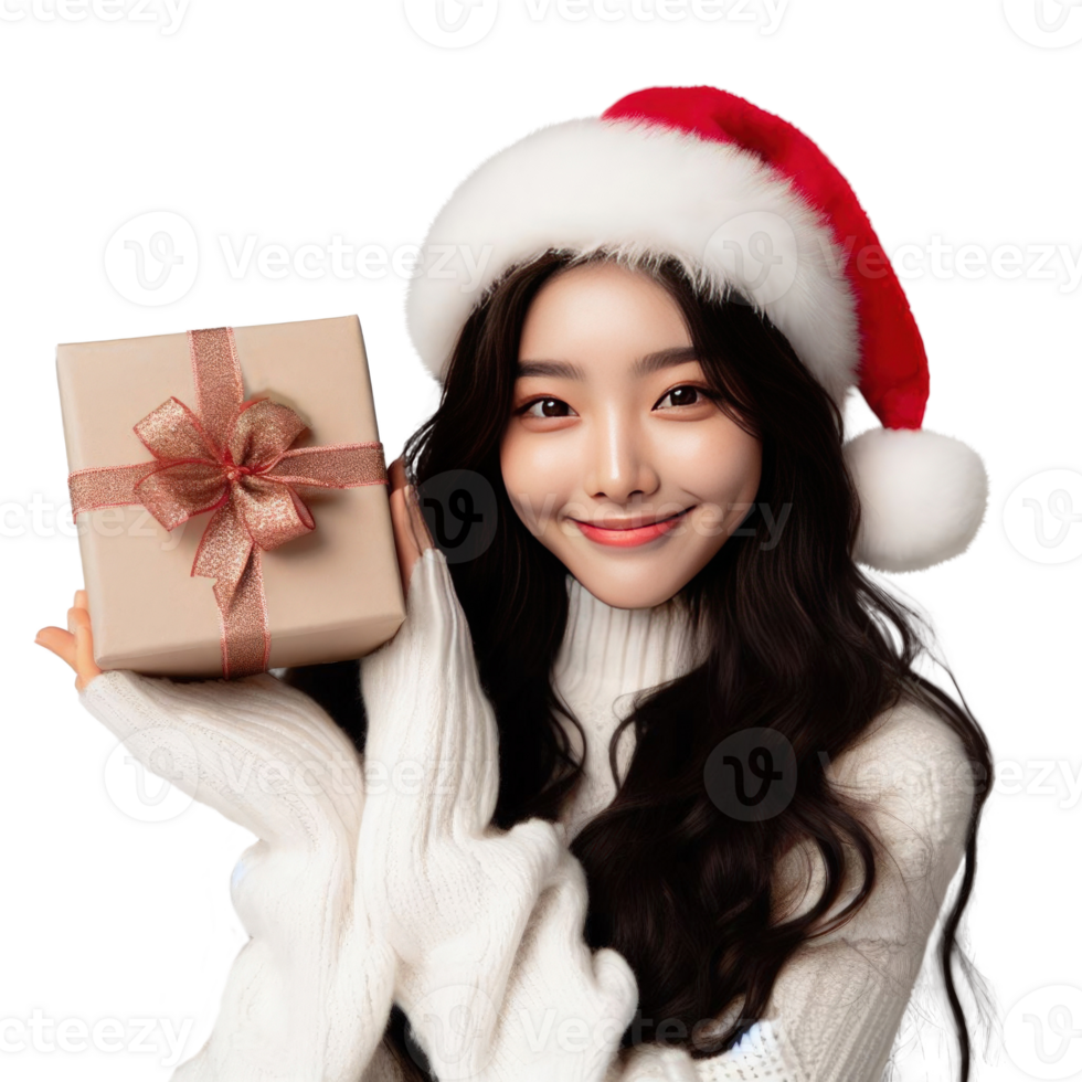 AI Generative beautiful woman wearing a Santa costume holding a gift box and smiling png