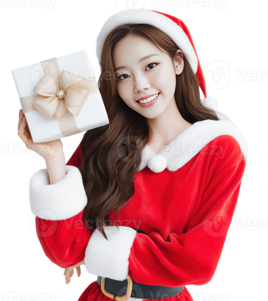 AI Generative beautiful woman wearing a Santa costume holding a gift box and smiling png
