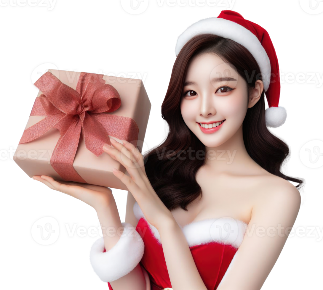 AI Generative beautiful woman wearing a Santa costume holding a gift box and smiling png
