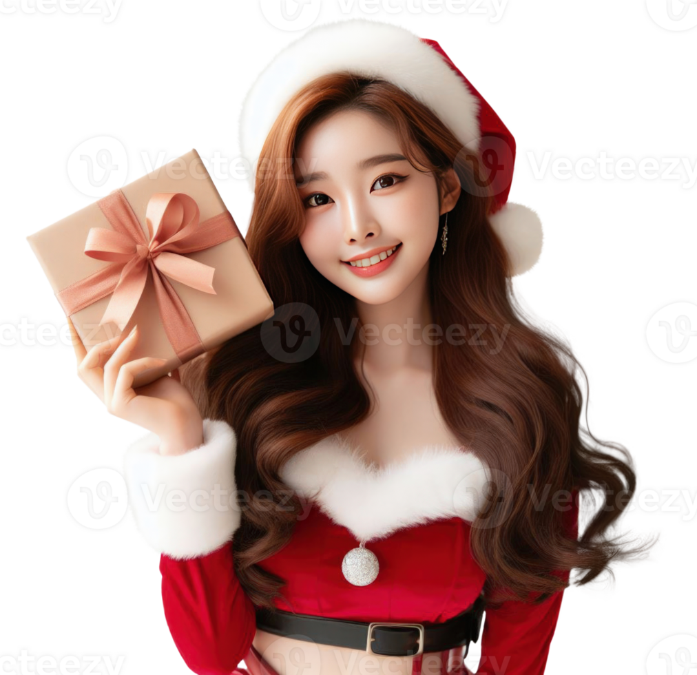 AI Generative beautiful woman wearing a Santa costume holding a gift box and smiling png